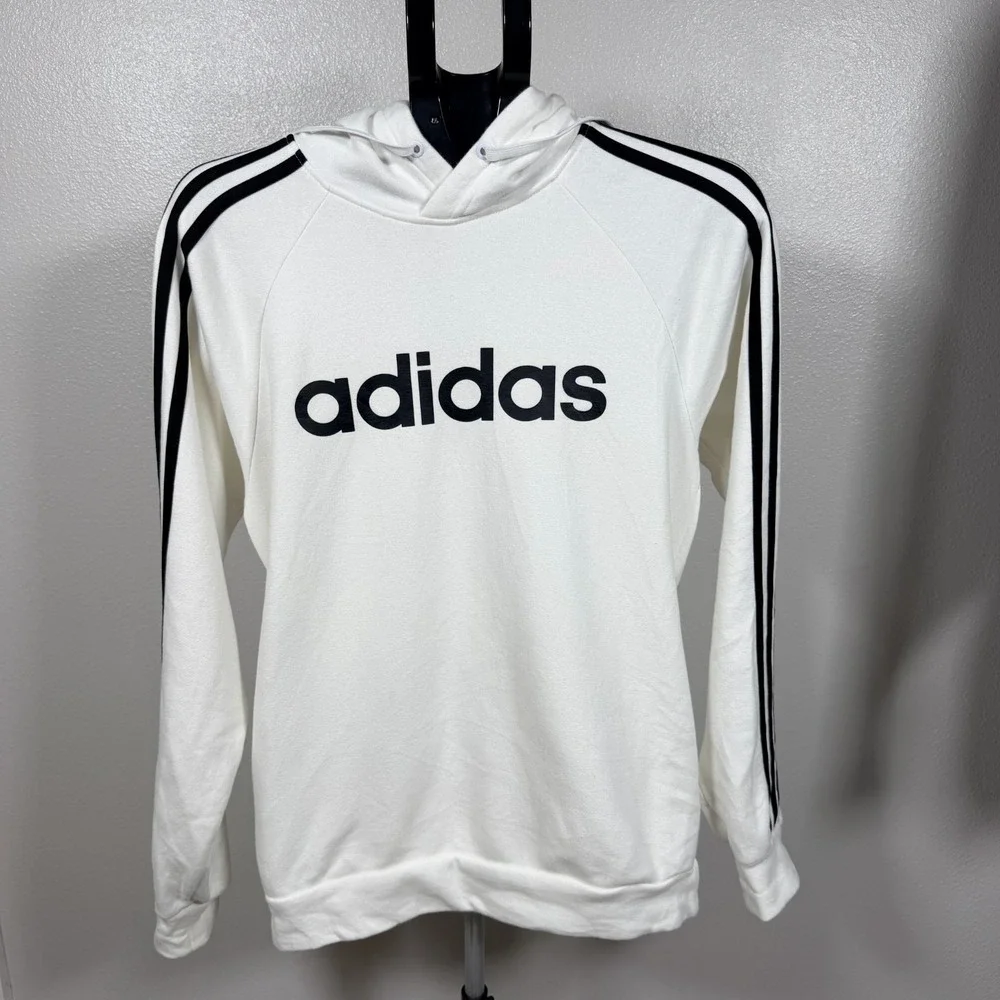 Adidas Hoodie Unisex Small White Fleece Lined Logo 3 Stripes Pullover Athleisure